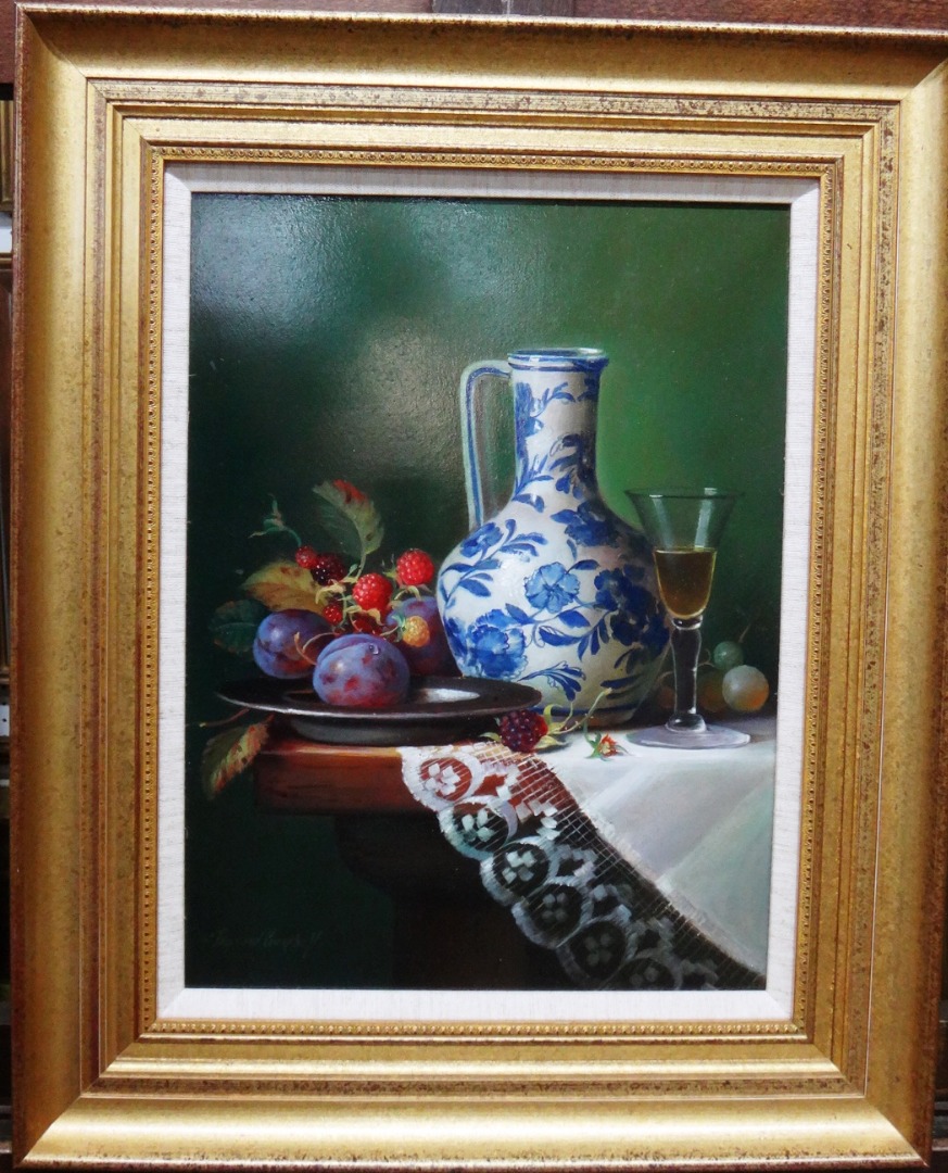 Appraisal: Raymond Campbell b Still life of fruit flagon and wine