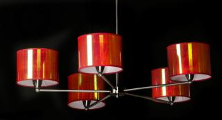 Appraisal: Contemporary chrome chandelier w red mylar shades Contemporary chandelier having