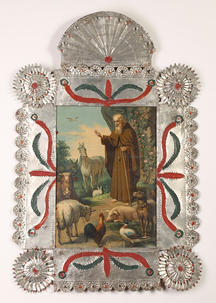 Appraisal: Large Tin Frame with Devotional Print ca Attributed to Valencia