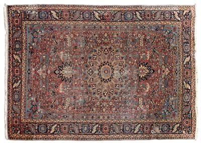 Appraisal: Heriz rug central medallion on brick red field corner work