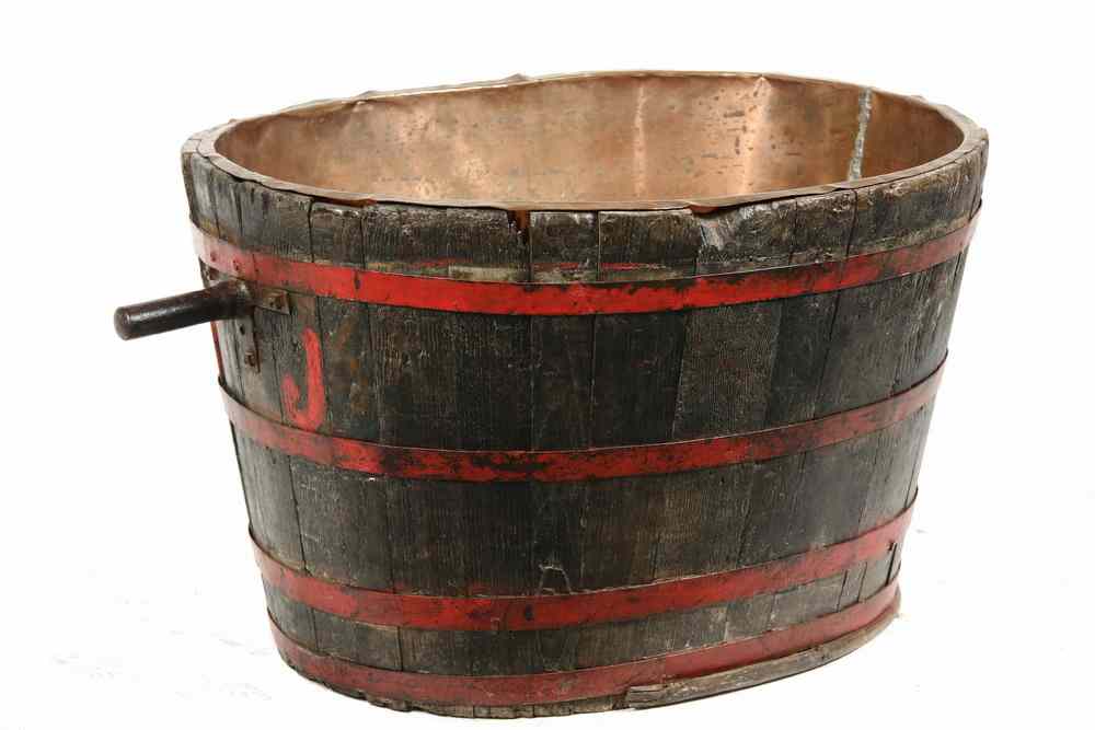 Appraisal: OLD CANNERY BUCKET - Iron banded oak oval bucket with