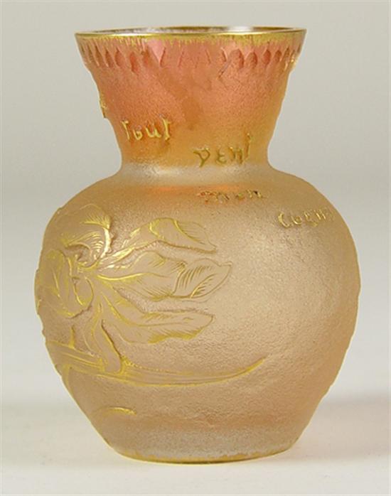 Appraisal: Miniature Daum Nancy Vase Circa Gold decorated pink-flashed etched glass