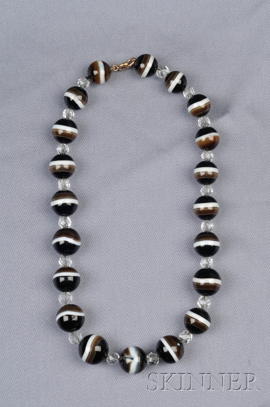 Appraisal: Banded Agate and Rock Crystal Bead Necklace composed of twenty