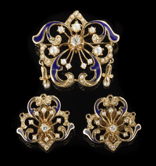 Appraisal: Victorian-Style Fourteen-Karat Yellow Gold Pearl Enamel and Diamond Three-Piece Suite