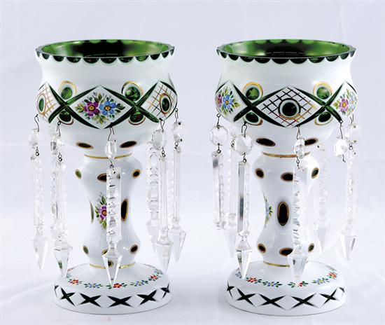 Appraisal: Pair painted cased glass lusters late th century milk glass