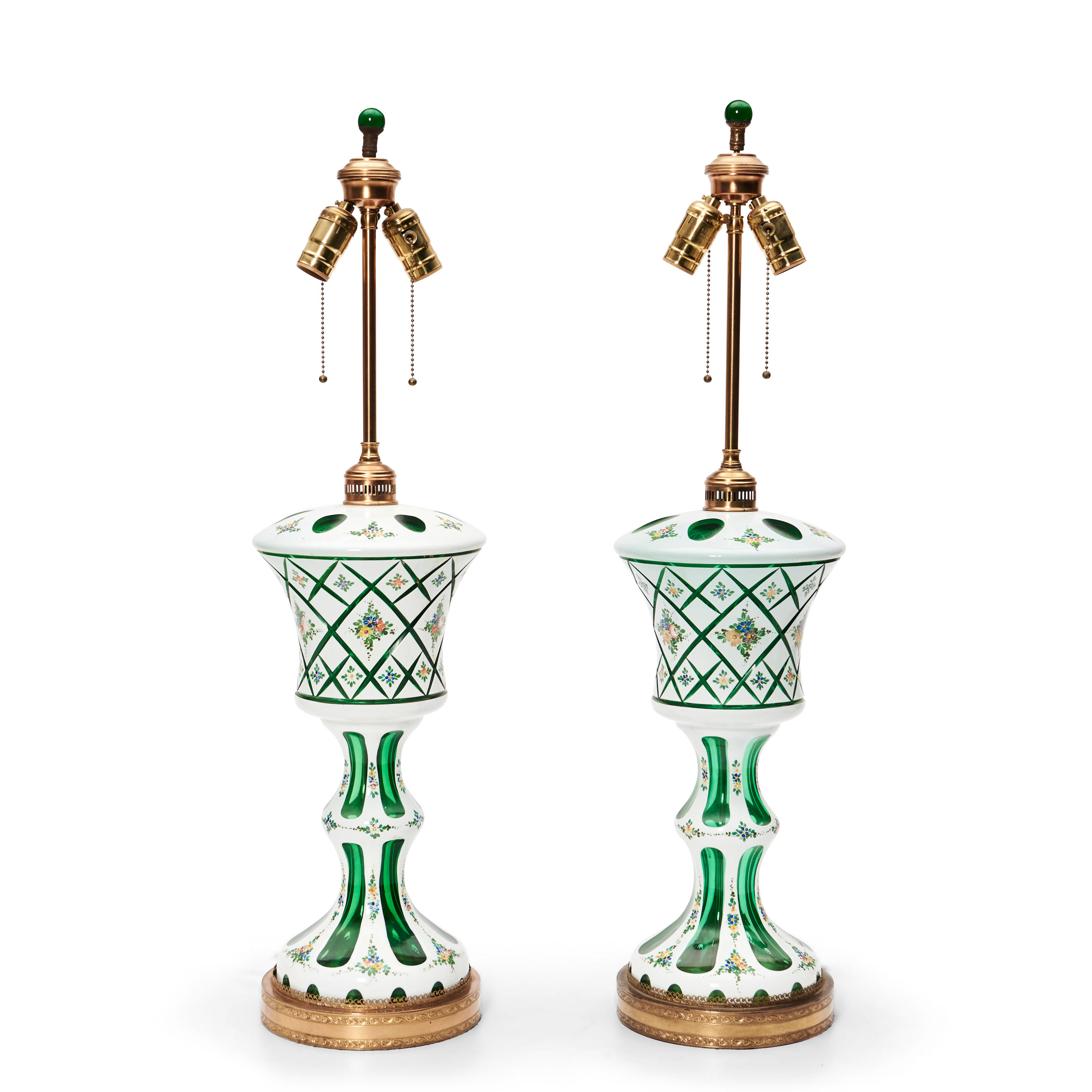 Appraisal: PAIR OF WHITE CUT-TO-GREEN GLASS TABLE LAMPS painted with floral