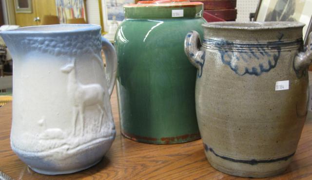 Appraisal: Three items of decorative stoneware including handled jug with blue