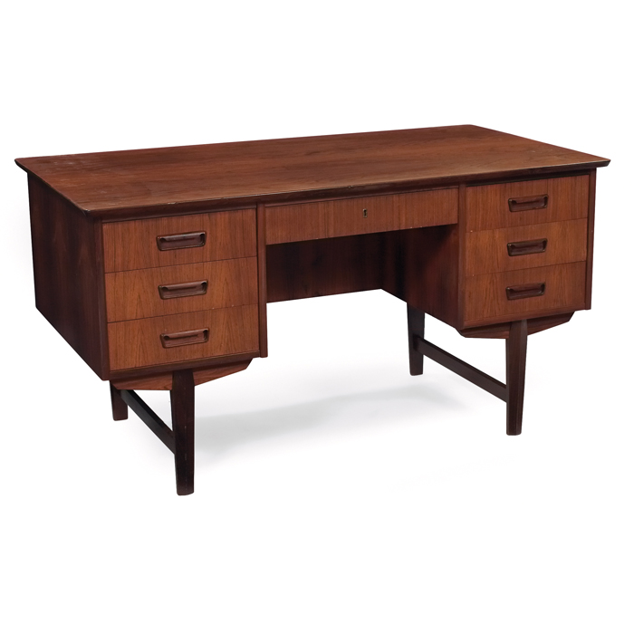 Appraisal: Danish desk rosewood seven drawers to one side one with