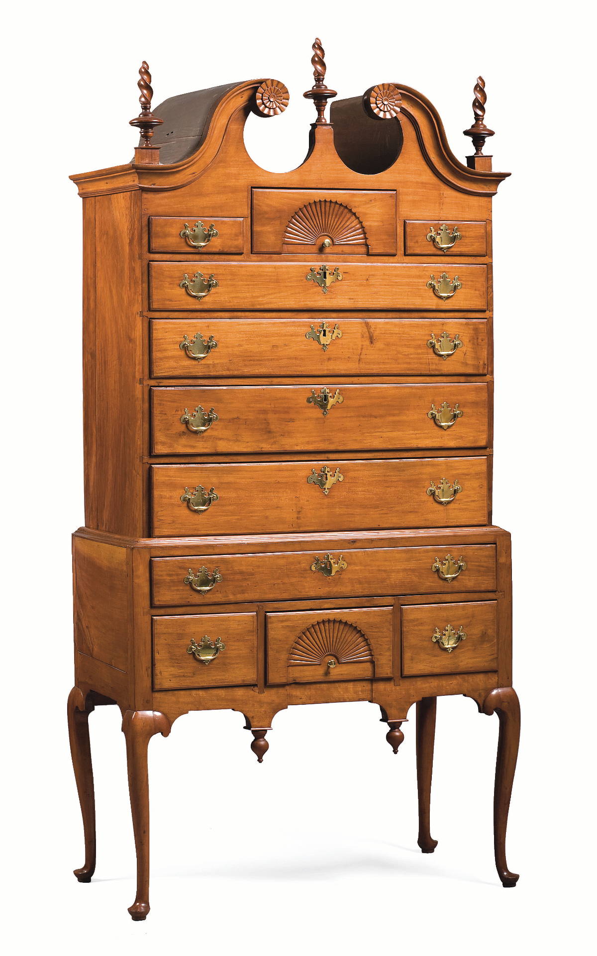 Appraisal: MASSACHUSETTS QUEEN ANNE CARVED CHERRY BONNET-TOP HIGHBOY The broken-scroll pediment