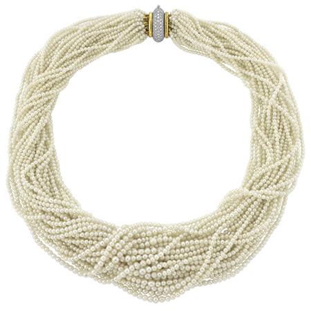 Appraisal: Multistrand Natural Pearl Torsade Necklace with Gold Platinum and Diamond