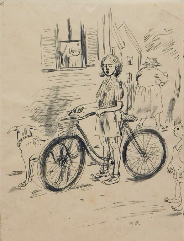 Appraisal: Peggy Bacon Girl with Bike Illustration Drawing Peggy Bacon New