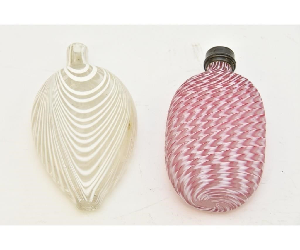 Appraisal: Cranberry opalescent swish glass flask circa with pewter cap h