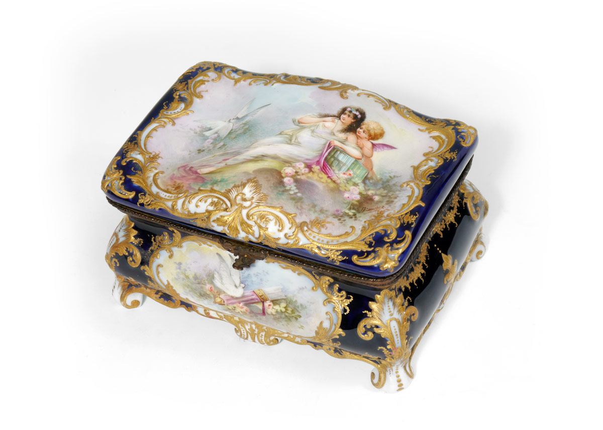 Appraisal: ORNATE SEVRES PORCELAIN JEWELRY BOX Casket form with bombe sides