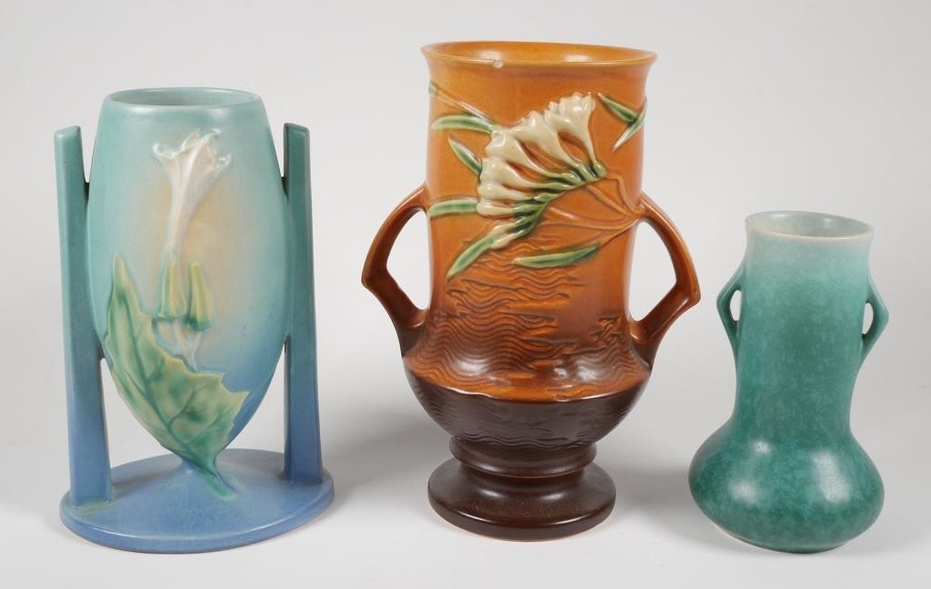 Appraisal: Three Roseville vases including a - high Freesia vase Small