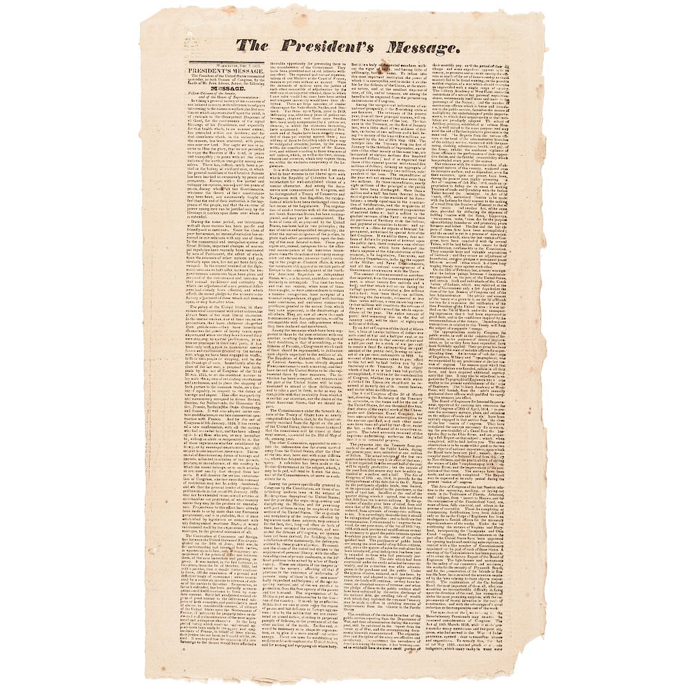 Appraisal: President John Quincy Adams' State of the Union Broadsheet by