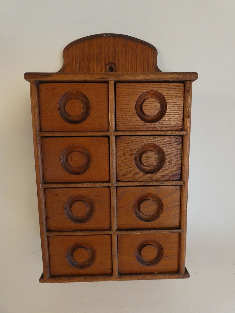 Appraisal: ANTIQUE OAK SPICE CABINET Antique nice quality oak drawer wall-hanging