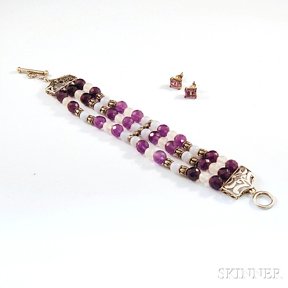 Appraisal: Silver and Amethyst Bracelet and Earrings the triple-strand bracelet comprised