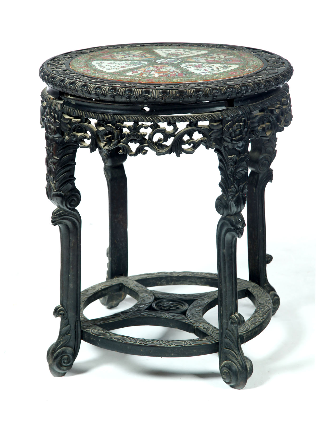 Appraisal: CARVED TABLE WITH ROSE MEDALLION INSERT China late th century