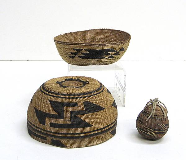 Appraisal: Three Northwest California baskets Including a hat a lidded tobacco