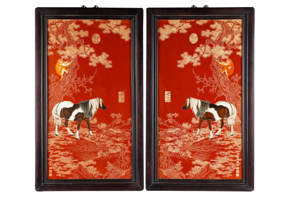 Appraisal: PAIR OF FRAMED CHINESE PORCELAIN PANELS WITH HORSESCondition with scratching