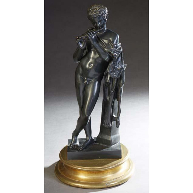 Appraisal: Large Gilt and Patinated Bronze Figure of a Faun Playing