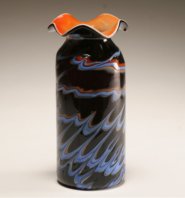 Appraisal: Contemporary black cylindrical glass vase Blue and orange pulls H