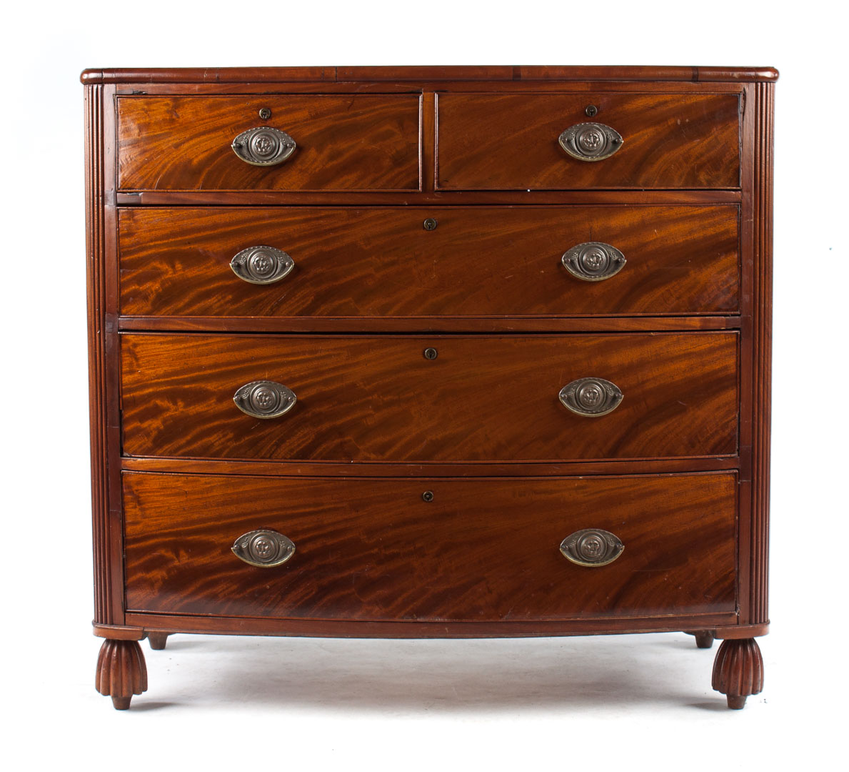 Appraisal: George IV mahogany bow-front chest circa flat top with applied