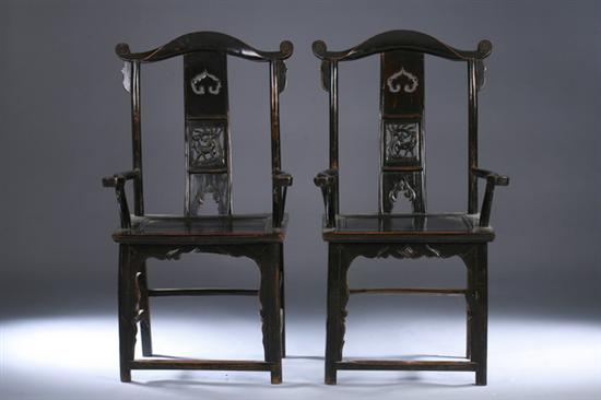 Appraisal: PAIR CHINESE LACQUERED ELM WOOD CHAIRS mid Qing Dynasty circa