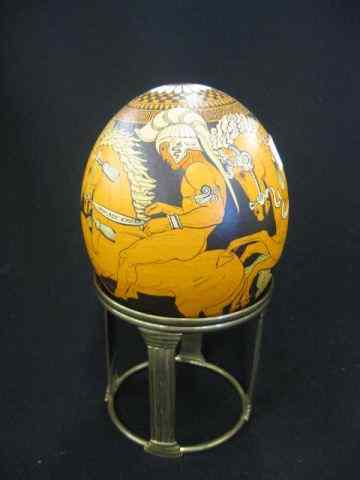 Appraisal: Handpainted Ostrich Egg Egyptian motif brass stand