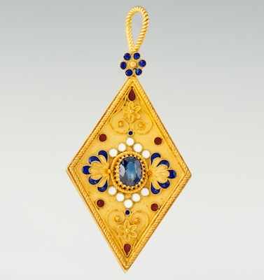 Appraisal: A Lozenge Shape k Gold Sapphire and Enamel Pendant k