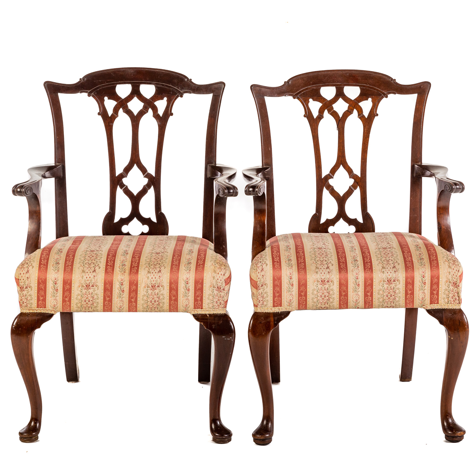 Appraisal: A PAIR OF QUEEN ANNE STYLE MAHOGANY ARM CHAIRS Having