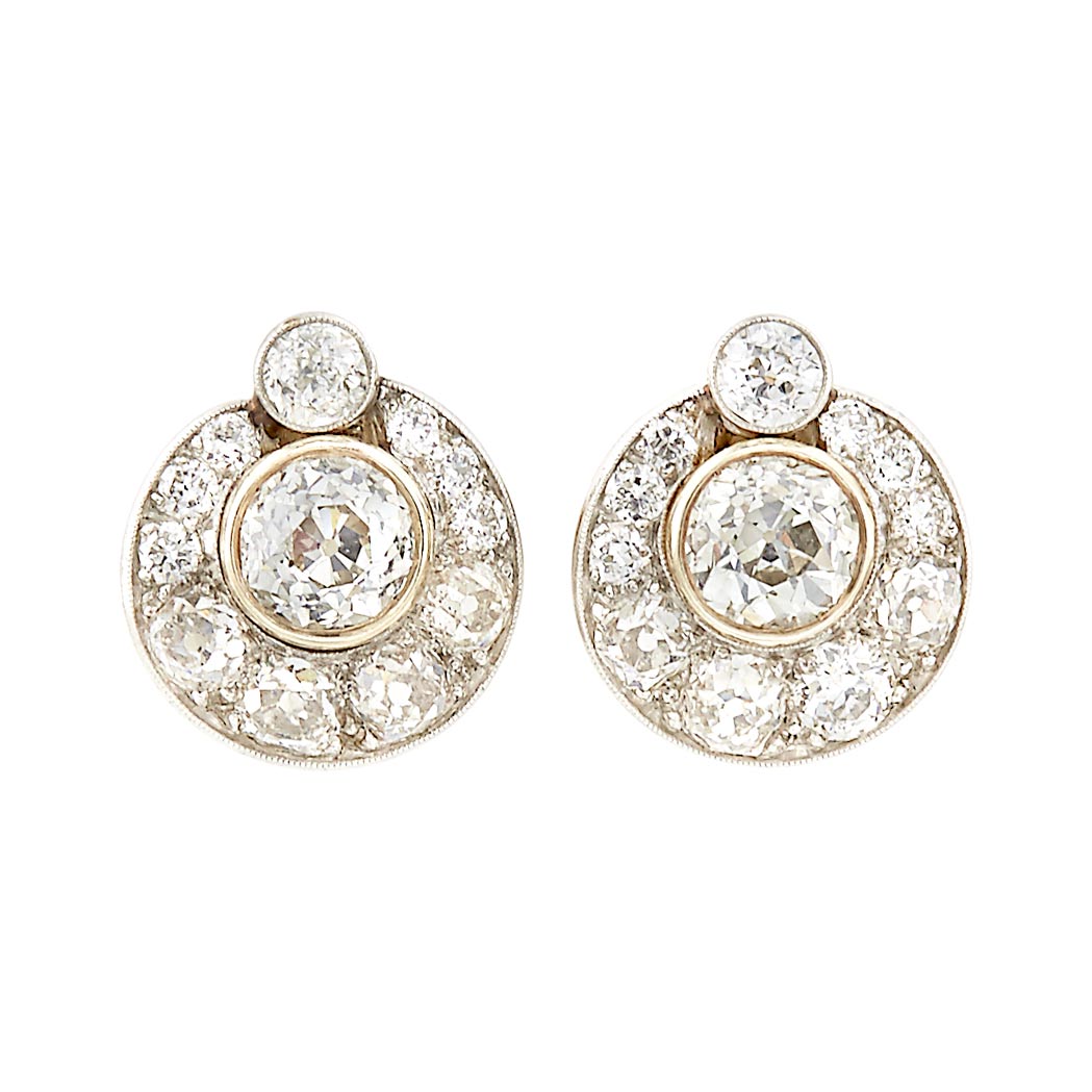 Appraisal: Pair of Platinum and Diamond Earclips old-mine cut diamonds ap