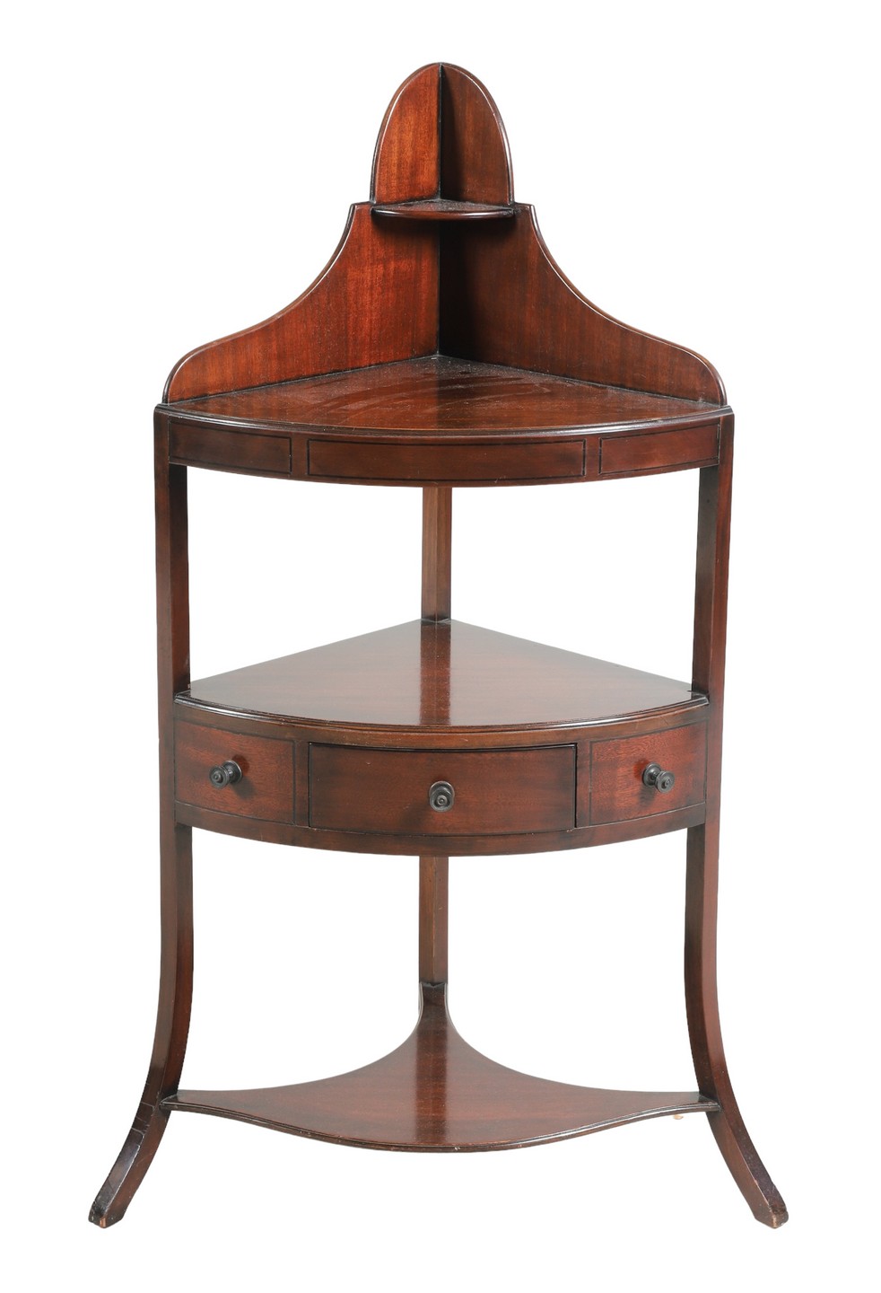 Appraisal: Mahogany bowfront corner etagere two shelves over single drawer flanked