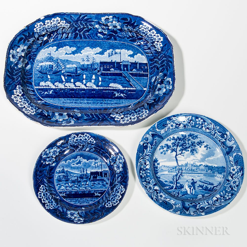 Appraisal: Three Staffordshire Historical Blue Transfer-decorated Table Items Three Staffordshire Historical