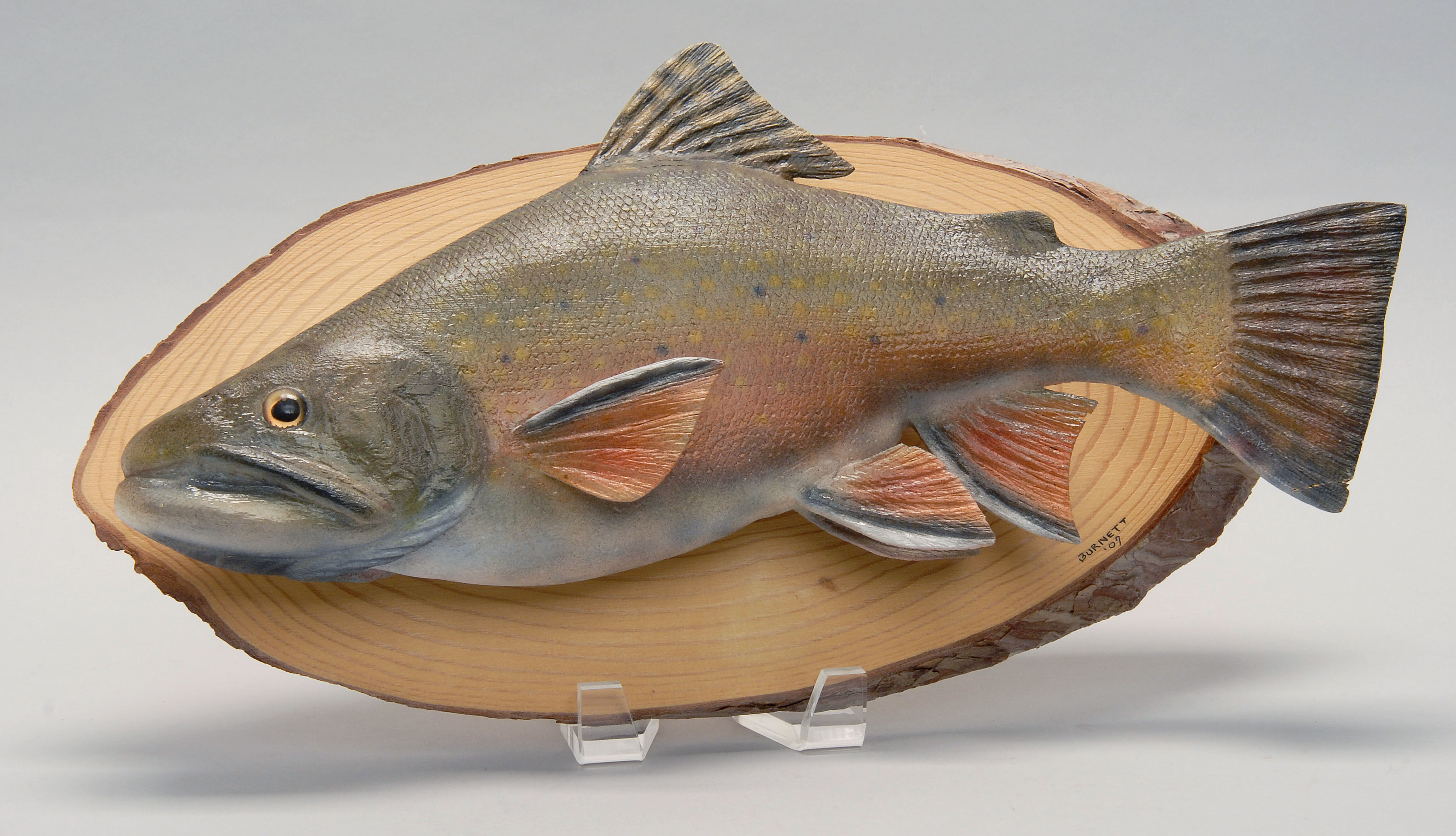 Appraisal: CARVED AND PAINTED WOODEN BROOK TROUT Mounted on a cedar