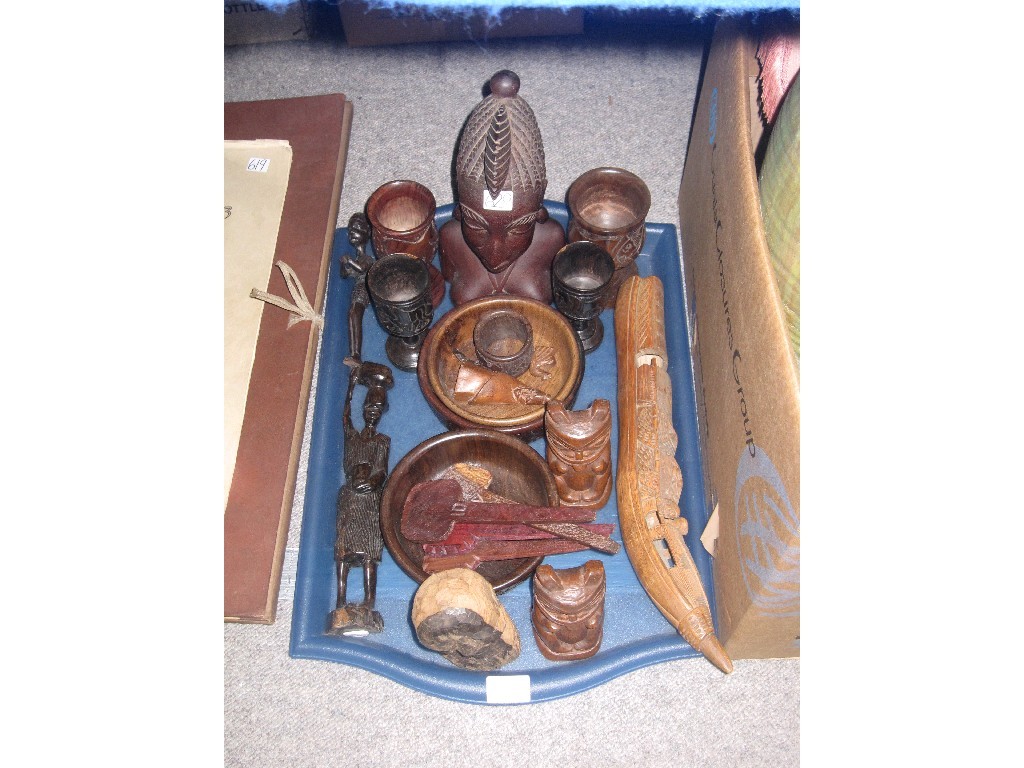 Appraisal: Tray lot of African wooden carved items