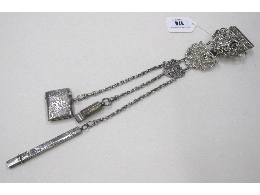 Appraisal: Victorian silver chatelaine with three attachments vesta whistle and pencil