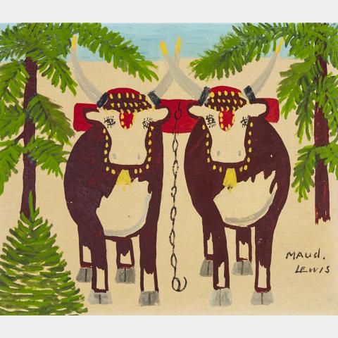 Appraisal: MAUD LEWIS TEAM OF OXEN oil on board signed height