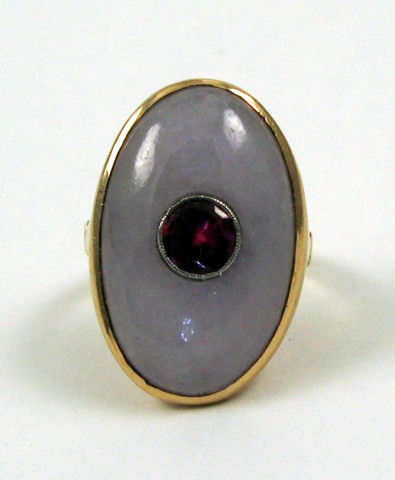 Appraisal: LAVENDER JADE AND SYNTHETIC RUBY RING The k yellow gold