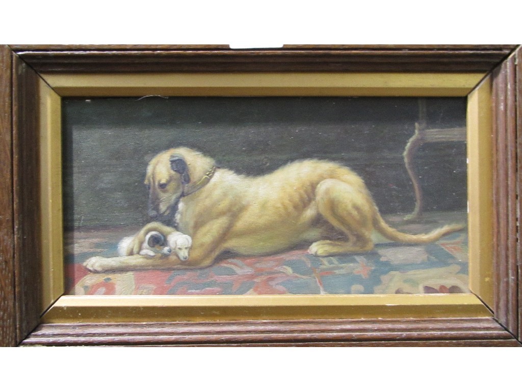 Appraisal: Oil on board of a dog with pups unsigned