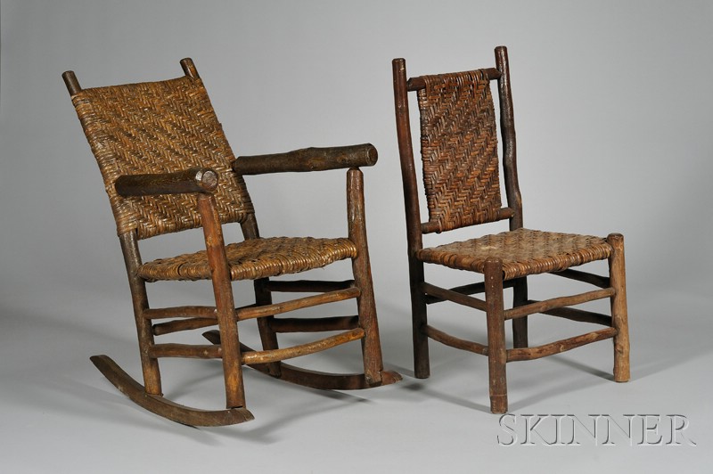 Appraisal: Old Hickory Rustic Armrocker and Side Chair with woven splint