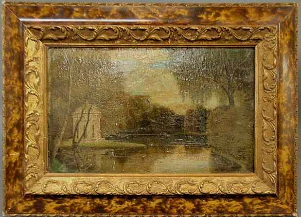 Appraisal: German oil on board painting of a lake scene with