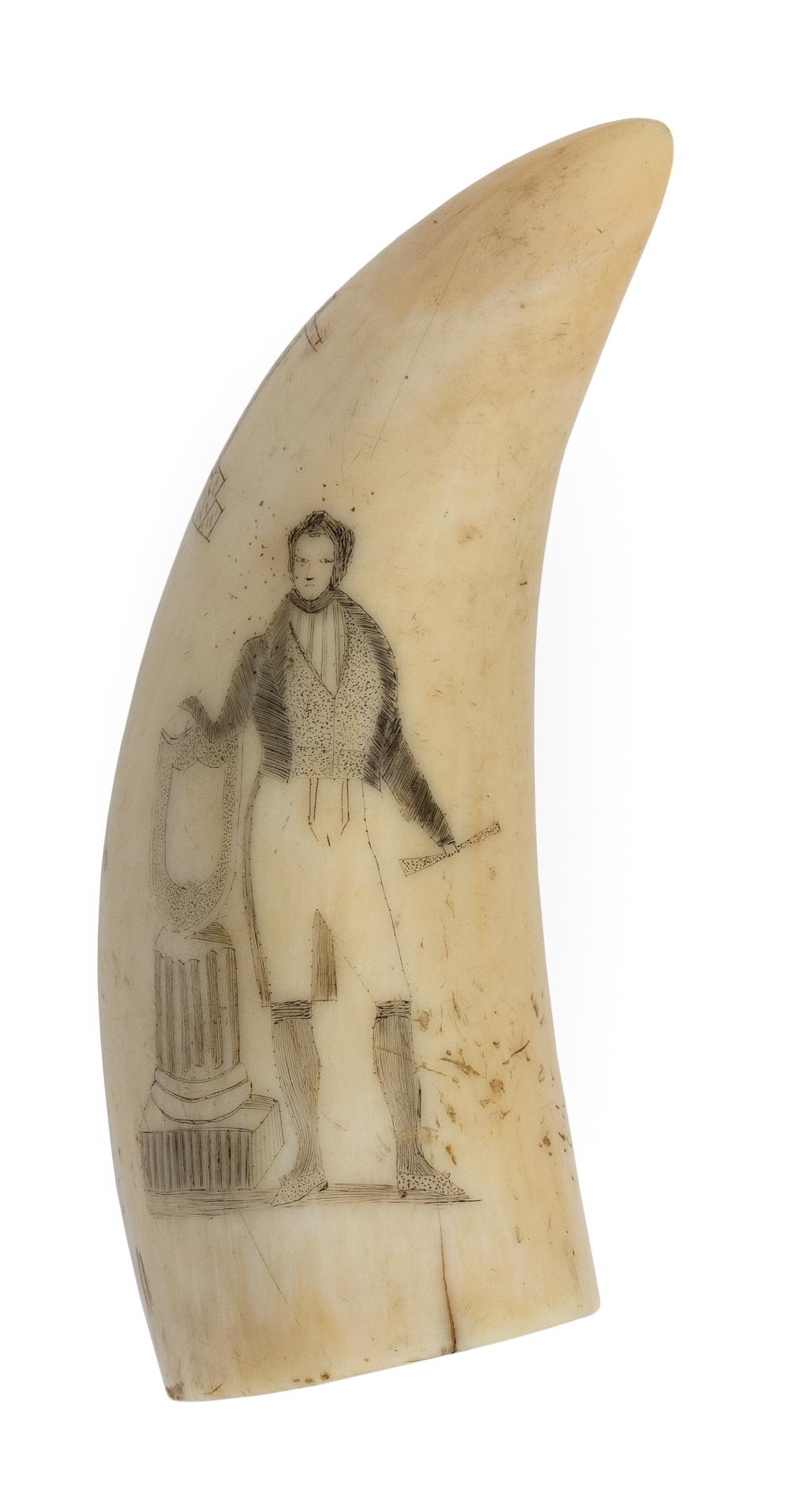 Appraisal: SCRIMSHAW WHALE'S TOOTH WITH SEVERAL VIGNETTES MID- TH CENTURY LENGTH