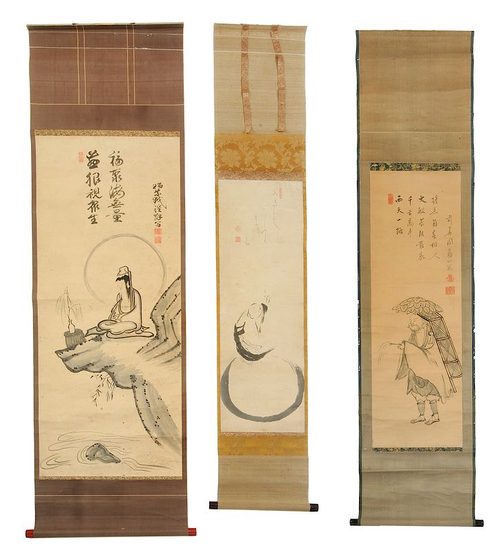 Appraisal: Three Japanese Scrolls with Figures Moon Hakuin Ekaku - Hotei