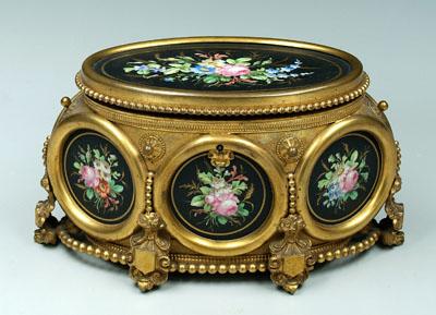 Appraisal: Ormolu mounted jewelry cask hand painted floral bouquets flanked by