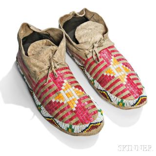 Appraisal: Pair of Lakota Beaded and Quilled Hide Moccasins c late