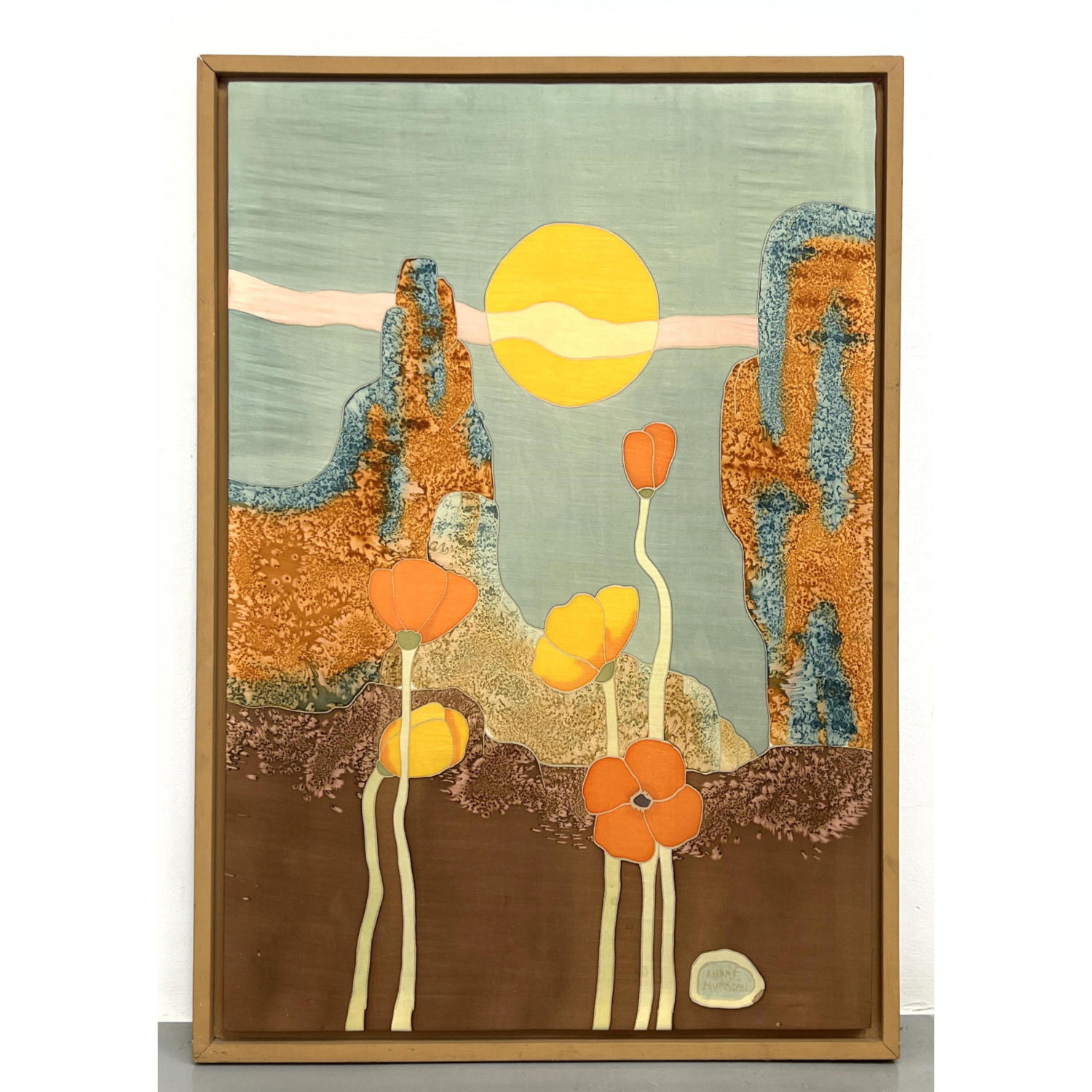 Appraisal: ANDRE MURASAN Stretched Textile Tapestry Modernist floral landscape Wood Frame