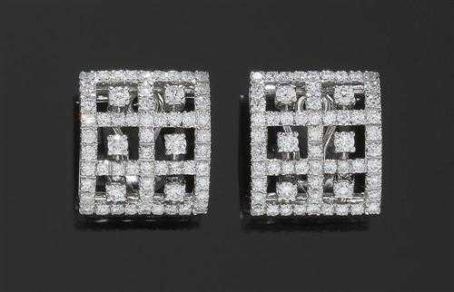 Appraisal: BRILLIANT-CUT DIAMOND CLIP EARRINGS White gold Decorative square convex clip