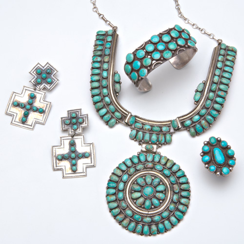 Appraisal: ZUNI Silver and turquoise assembled jewelry suite sawtooth settings Jack