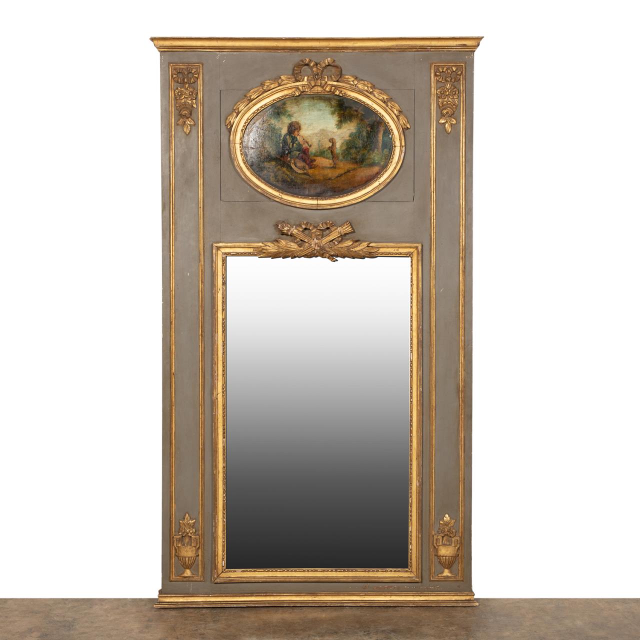 Appraisal: LOUIS XVI STYLE TRUMEAU MIRROR WITH SHEPHERD DOG French grey